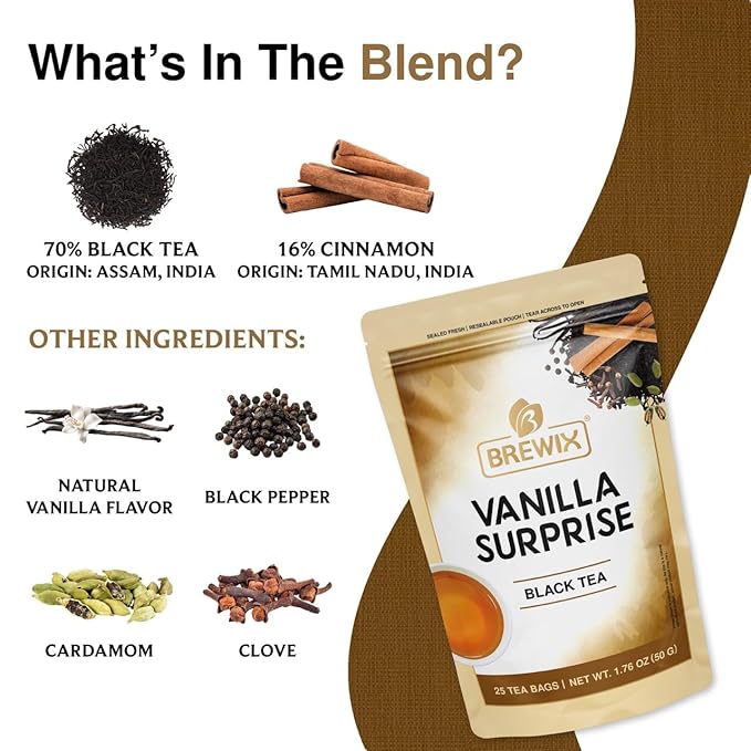 BREWIX, Vanilla Spiced Chai Tea (25 Pyramid Tea Bags) | High Caffeine, Gluten Free | Blend Of Vanilla & Masala Chai Tea | Black Tea with Cinnamon, Black Pepper, Cardamom and Clove | Energy & Focus Tea - Bloomnest