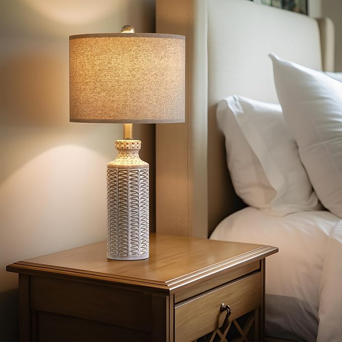 24.75'' Farmhouse Ceramic Table Lamp Set of 2 for Bedroom Living Room Vintage Traditional Rustic Modern White Nightstand Bedside Lamps - Bloomnest