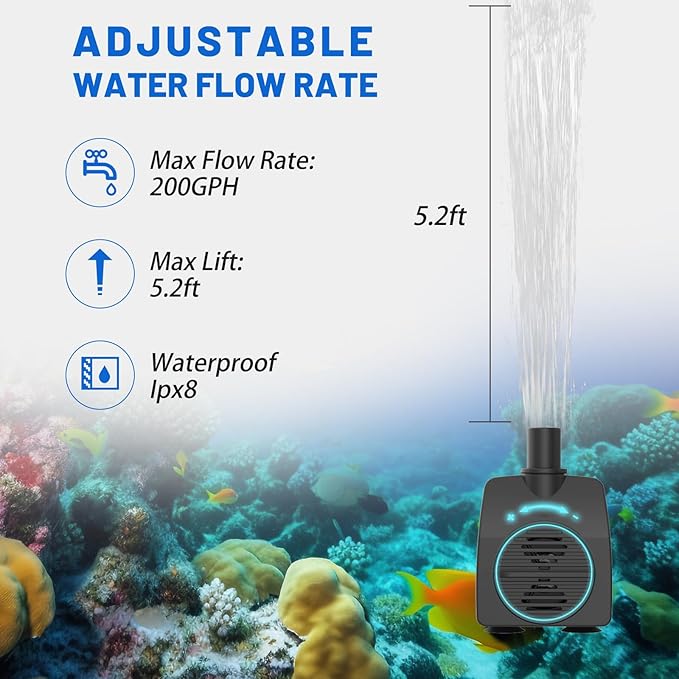Submersible Pump 200GPH with AUTO-Shut-Off 5.2ft High Lift for Fountains, Hydroponics, Ponds, Aquariums & More - Bloomnest