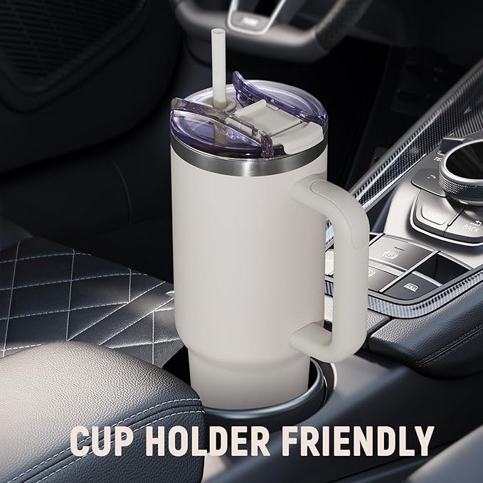 40 oz Tumbler with Handle and Straw Lid,Insulated Reusable Stainless Steel Water Bottle Travel Mug，Cupholder Friendly Double Wall Vacuum Sealed Cup (Almond Birch) - Bloomnest