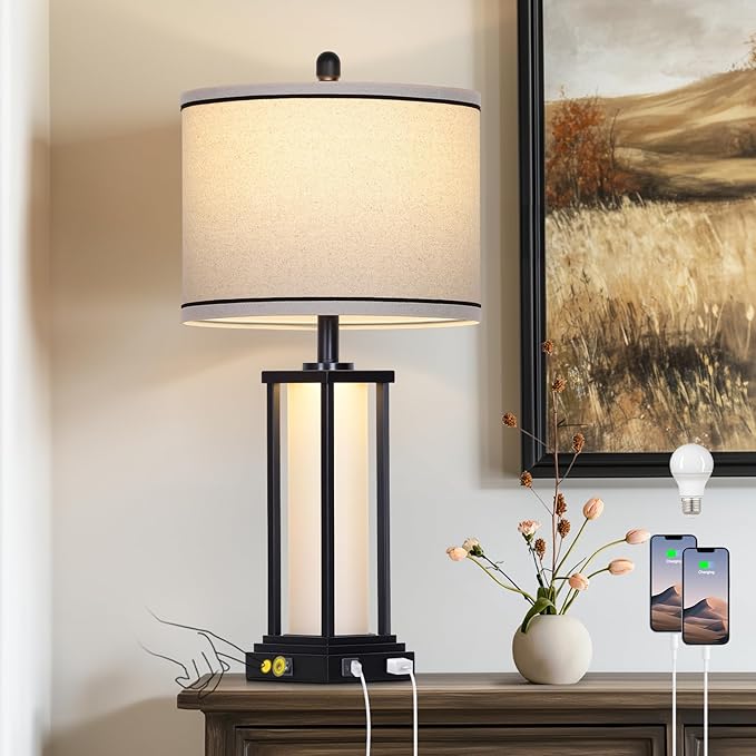 27" Tall Vintage Table Lamp with USB C+A & Outlet,Black Industrial End Table Lamp for Living Room,Farmhouse Rustic Bedside Lamp with Frosted Glass Night Light for Bedroom Nightstand,Black-1P - Bloomnest