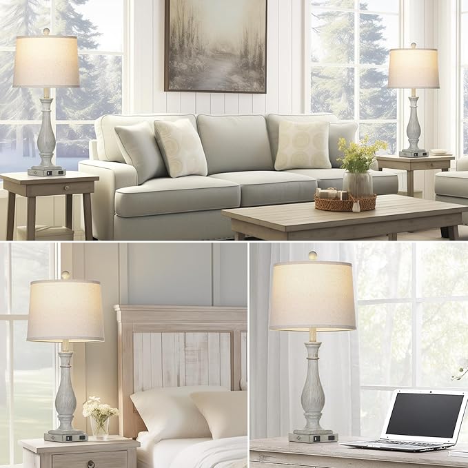 27.5" Farmhouse Table Lamps Set of 2 with USB C+A Ports & AC Outlet for Vintage Living Room Retro Bedroom, 3-Way Dimmable Touch Lamps Resin Bedside Lamps for Nightstand Side End Table, Grey - Bloomnest