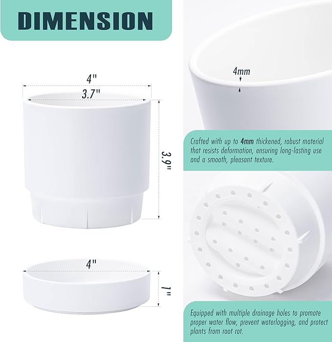 4 Inch Modern Plastic Round Pots for Indoor Houseplants and Herbs, Pack of 3 Planter Pot with Drainage Hole & Saucer, Deep Water Catch Tray, Straight Cylindrical Pot for Plants, Matte White, 23-D-R-1 - Bloomnest