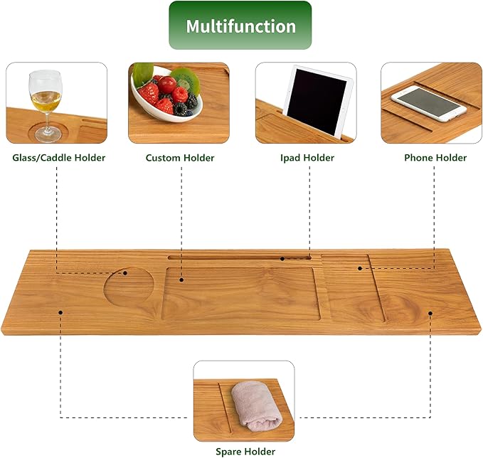 VaeFae Teak Bathtub Tray Table, Wooden Bath Board for Tub with Wine and iPad Holder - Bloomnest