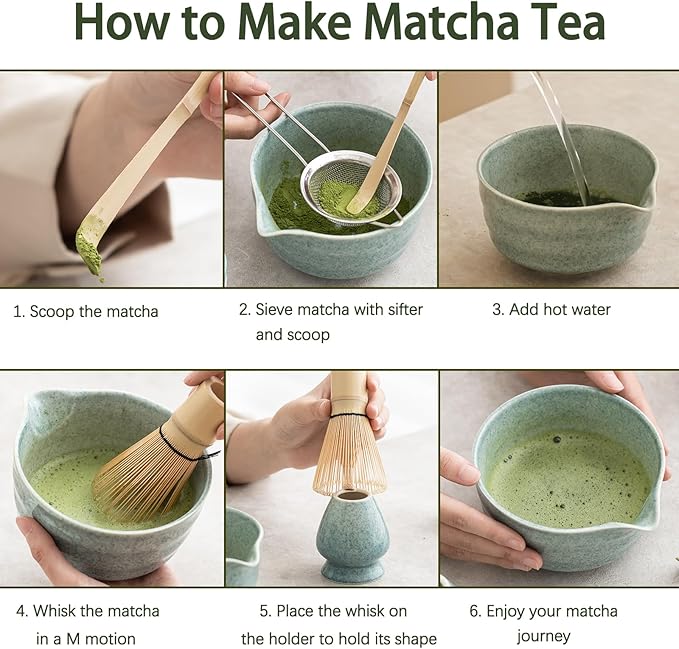 Matcha Kit Set, Matcha Whisk Set Includes Matcha Bowl And Holder, Bamboo Matcha Whisk, Scoop and Matcha Sifter, 17 oz Mottled Blue Glaze Ceramic Matcha Kit for Tea Lovers - Bloomnest