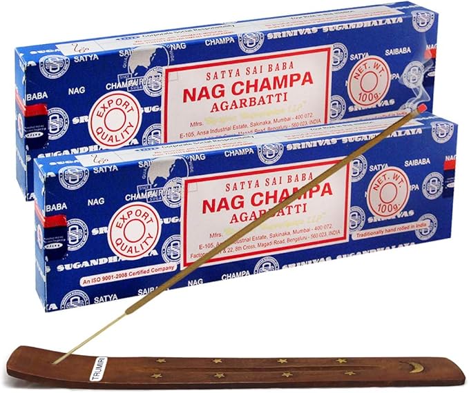 TRUMIRI Incense Stick Holder Bundle with Satya Sai Baba Nagchampa 100g Incense Sticks - Pack of 2 (Approx 200 Sticks) - Bloomnest