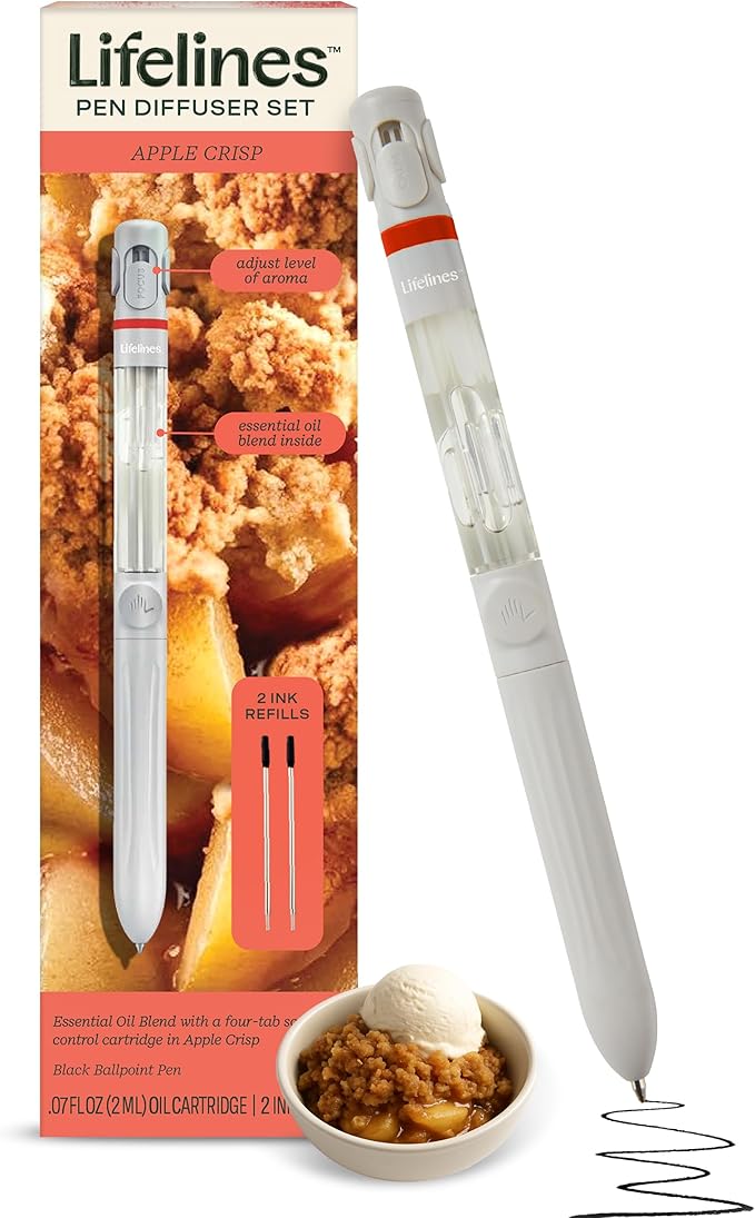 Lifelines Pen Diffuser Set, Apple Crisp - 1mm Black Ballpoint Pen with Scented Essential Oil Blend & 2 Ink Refills – Aromatherapy Diffuser & Sensory Immersion Diffuse Aroma As You Write - Bloomnest