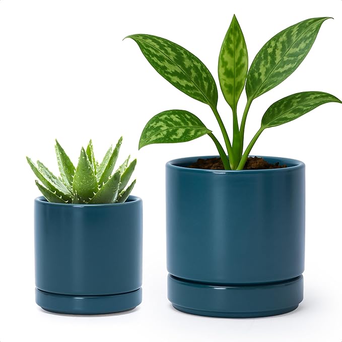 D'vine Dev 3.5 Inch & 4.7 Inch Ceramic Planter Pots for Plants with Drainage Hole and Saucer, X-Small Plant Pots Set, Teal, 94-G-XS-9 - Bloomnest