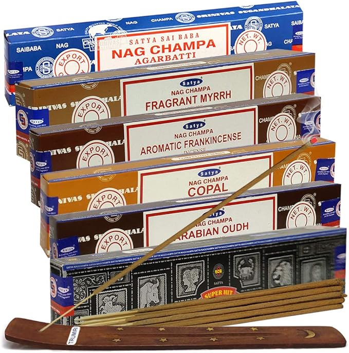 Satya Incense Sticks Variety Pack #4 and Incense Stick Holder Bundle with 6 Based Fragrances TRUMIRI