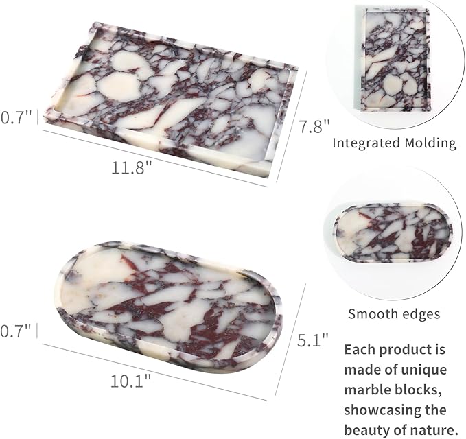 Real Luxurious Natural Marble Vanity Tray Genuine Marble Storage Tray for Home Decor Stone Tray for Bathroom/Kitchen/Vanity/Dresser Non-Resin/Non-Ceramic/Viola Oval Set - Bloomnest