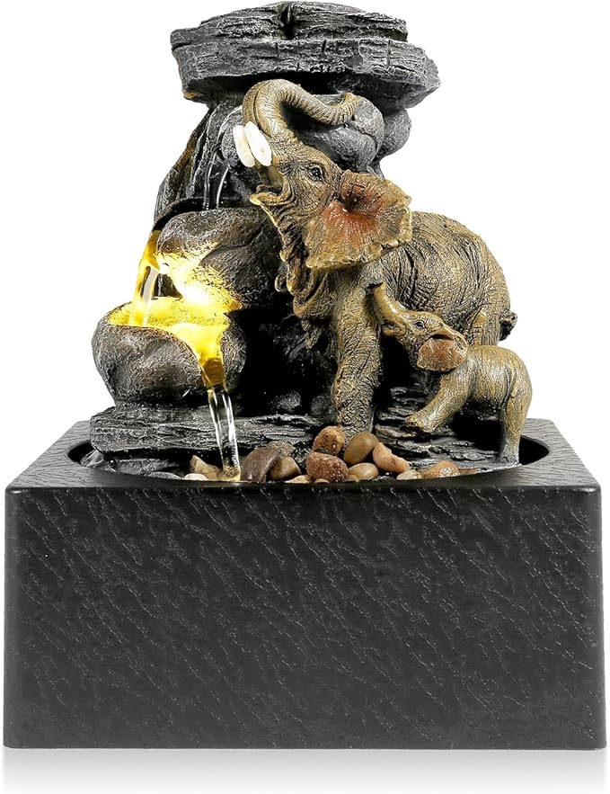 BEAMNOVA Tabletop Fountain,3 Tiered Elephant & Baby Elephant Indoor Fountains,with LED Light Water Feature for Home Office Décor