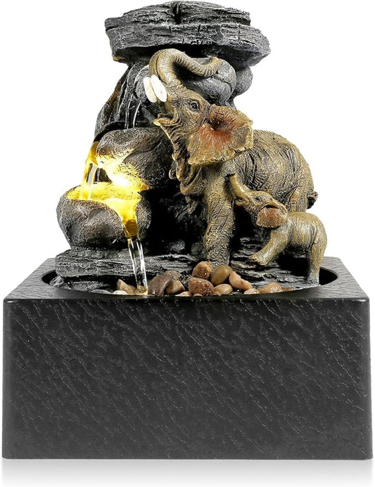 BEAMNOVA Tabletop Fountain,3 Tiered Elephant & Baby Elephant Indoor Fountains,with LED Light Water Feature for Home Office Décor