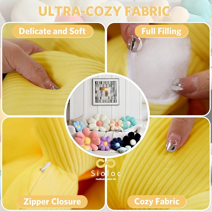 Sioloc flower pillow,flower Shaped Throw Pillow Butt Cushion flower Floor Pillow,Seating Cushion,Cute Room decor & Plush Pillow for bedroom sofa chair(Yellow,23.6'')