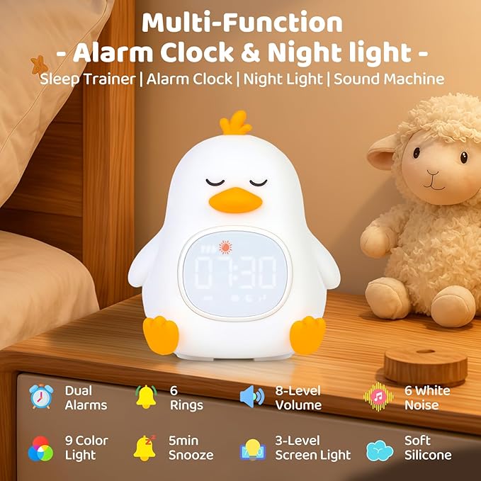 Sleepy Duck Alarm Clock with Night Light for Kids with Sleep Training and Sound Machine, Rechargeable Silicone Lamp OK to Wake Clock，Cute Animal Tabletop Lamp, Perfect Sleep Companion for Boys Girls - Bloomnest