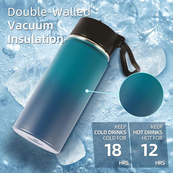 Volhoply 16 OZ Kids Water Bottle Bulk 2 Pack,Insulated Sports Bottles with Straw Lid,Stainless Steel Bottle with Handle Keep Cold & Hot,Double Wall Vacuum Tumbler Cups for School(Dark Night, 2) - Bloomnest