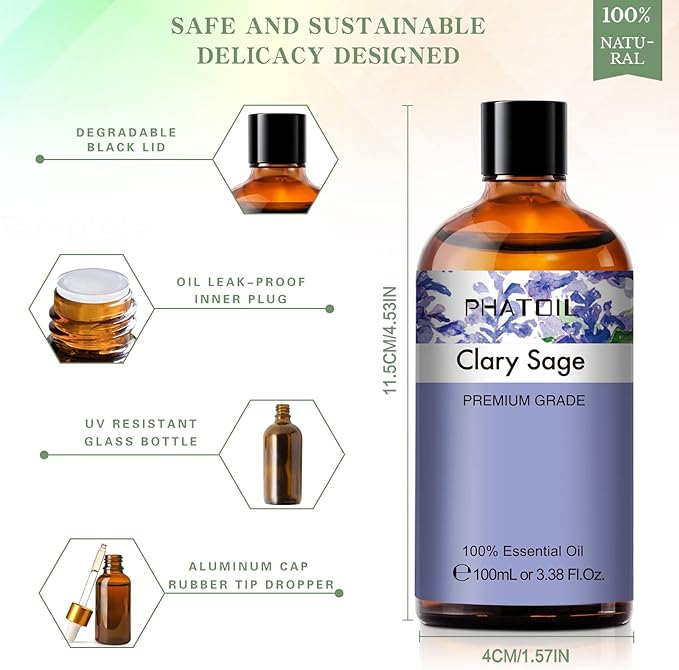 PHATOIL 3.38FL.OZ Clary Sage Essential Oil for Aromatherapy Diffusers with Glass Dropper, Humidifiers, Great for DIY Candle and Soap Making, Huge 100ML Bottle - Bloomnest