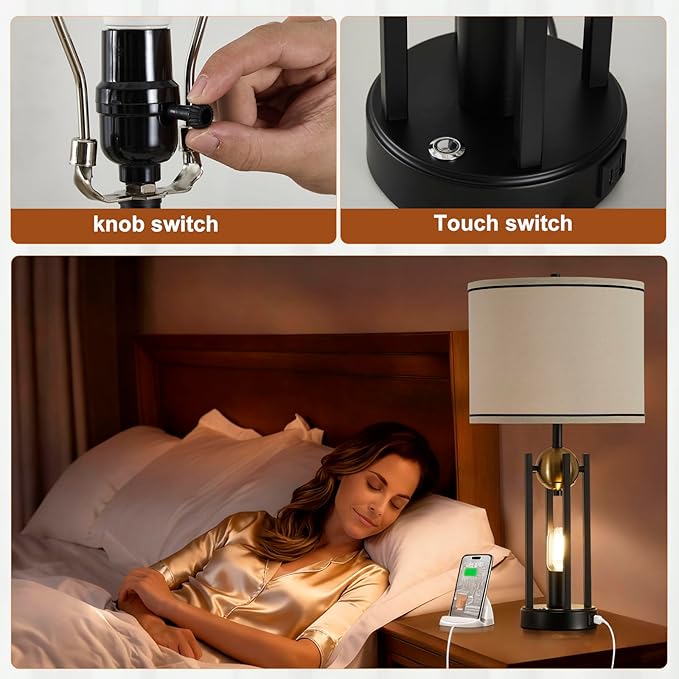 25'' Farmhouse Table Lamps for Living Room Set of 2 with USB C+A Ports, Vintage Bedside Lamp for Bedroom, Touch Lamps for Nightstand, Dual Lights Independent Switch, 4 Bulbs Included, Gold - Bloomnest