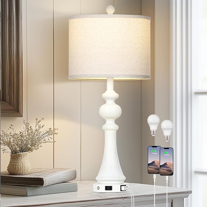 28" Farmhouse Table Lamp with USB A+C Fast Ports & AC Outlets, Vintage Rustic 3-Way Dimmable Touch Control Table Lamp, Rustic Traditional Bedside Nightstand Lamp for Living Room Bedroom White - Bloomnest
