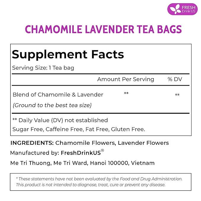 FreshDrinkUS, Premium 135 Chamomile Lavender Tea Bags, 100% Natural Herbal Ingredients, Hand-made Blend of Chamomile Lavender Flowers, Eco-conscious Tea Bags. No Sugar, No Caffeine, No Gluten, Vegan. - Bloomnest