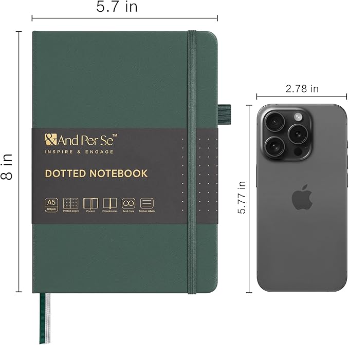 &And Per Se Dotted Journal Notebook (10 packs), A5 Hardcover Leather Bullet Dotted Journal, 160 Pages 100GSM Thick Paper, 3 Sheets of Stickers Included - 5.7'' x 8'' (Green) - Bloomnest