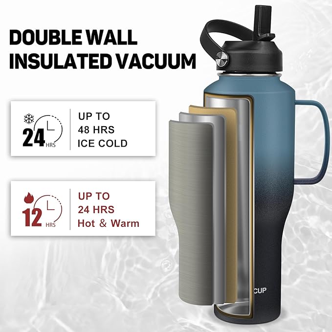 Water Bottle 40oz, Insulated Tumblers with Handle & Straw Lid, Insulated Water Bottle Fits in Cup Holder, Double Wall BPA-Free, Stainless Steel Travel Cup Leak-proof to Keep Cold 24H&Hot12H - Bloomnest