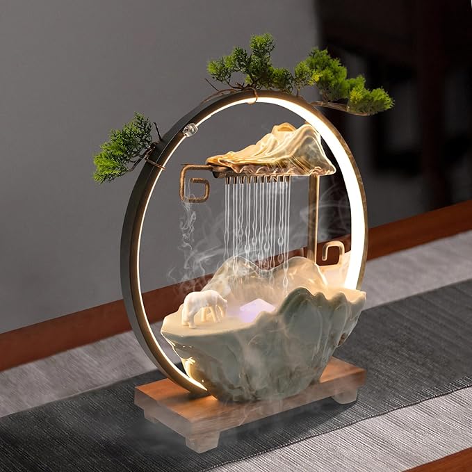 15In Fake Tree Bonsai Humidifier Water Fountain Waterfall Indoor Tabletop Decration with LED Light, Atomizer Circulating Water, Japanese Zen Decor Meditation Feng Shui Decor Festival Birthday surprise - Bloomnest