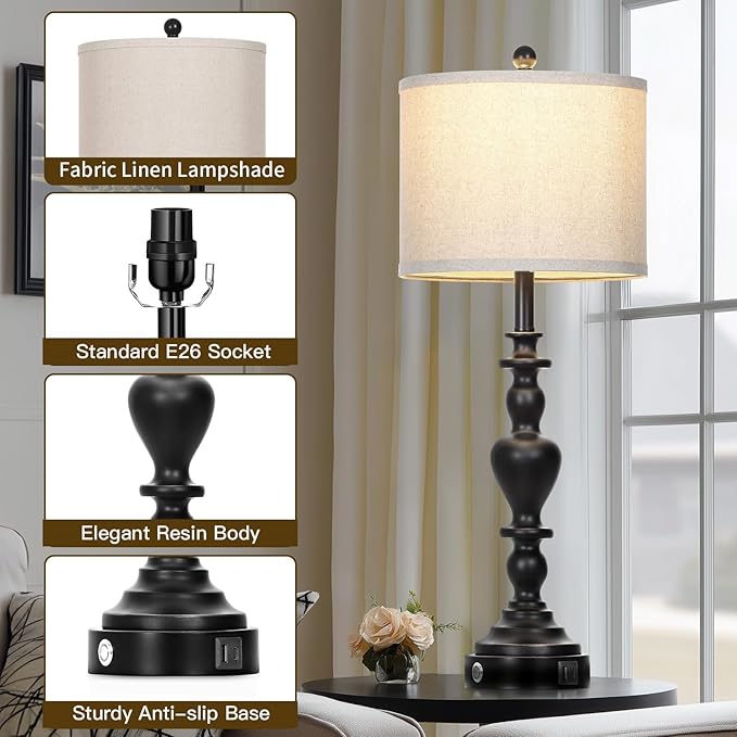 27" Vintage Table Lamps for Living Room Set of 2, Farmhouse Rustic Nightstand Lamps with USB C+A Ports, 3-Way Dimmable Bedside Lamp for Bedrooms Office Dorm, 2 LED Bulbs Included Washed Antique Black - Bloomnest