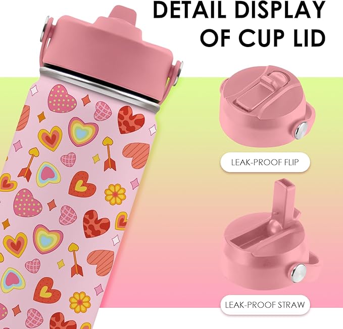 Heart Gifts for Kids - 16 Oz Kids Water Bottle with Straw Lid, Stainless Steel Insulated Tumbler, Leak Proof, BPA-Free, for Girls, School, Travel - Heart Pattern Children Birthday Gifts Cups(1pc) - Bloomnest