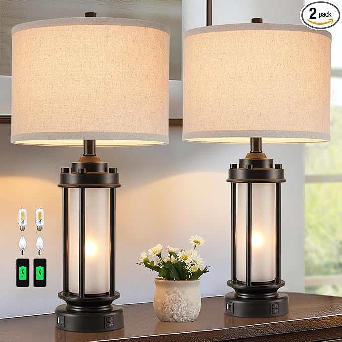 Set of 2 Modern Table Lamps for Living Room Bedroom, 25'' Black Retro Industrial Metal Lamp with Glass Nightlight, Contemporary Desk Lamp for Bedside End Table Office, 4 Bulbs Included - Bloomnest