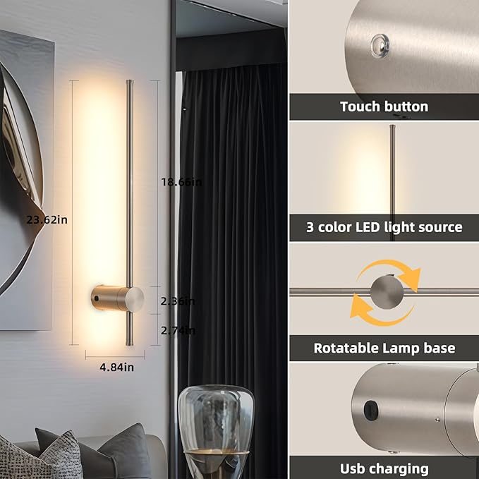 Battery Operated Wall Sconces with Remote, Dimmable 3000K-6000K/Timer/Memory LED Wall Lamp, 350°Rotate, USB Rechargeable Wireless wall lights for Living Room, Bedroom Brushed Nickel 23.6" (2 Pack) - Bloomnest