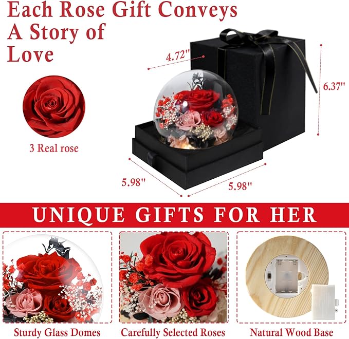 FIACO Valentines Day Gifts for Her Preserved Rose Forever Fresh Flowers for Delivery Birthday Gift for Women Mom Grandma Wife Mothers Day Anniversary Eternal Roses in Glass Dome - Bloomnest