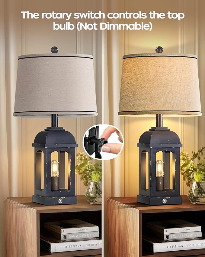 QiMH Table Lamp for Living Room, Farmhouse Lamps with USB A+C and Nightlight, 26" Rustic Bedside Lamps with 3-Way Dimmable Touch Control, Nightstand Lamp for Bedroom, Shabby Grey, 1 Pack - Bloomnest