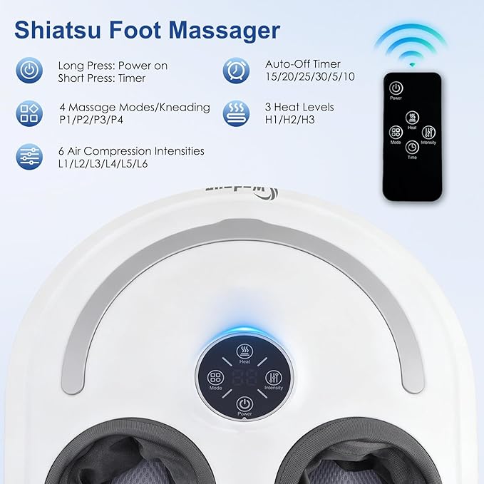 Foot Massager with Heat Shiatsu Feet Massage Machine Deep Kneading Relief for Plantar Fasciitis Air Compression 3 Heat Levels, Relax for Home Office Use, Christmas Gifts for Women Mom Dad White - Bloomnest