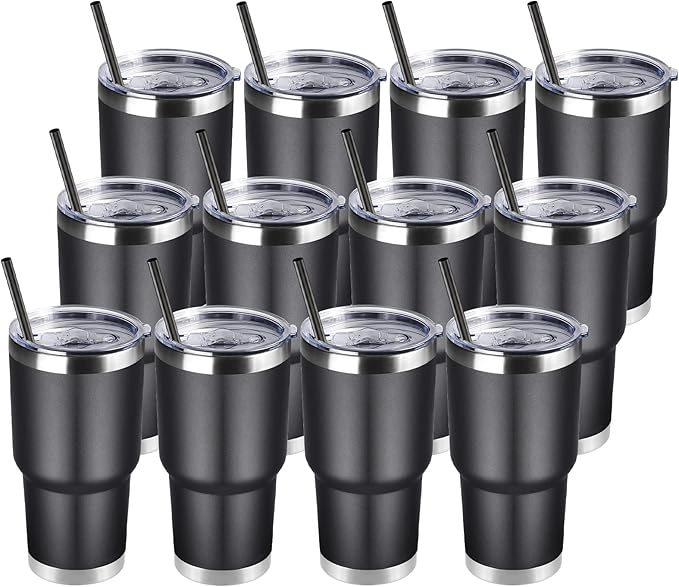 DOMICARE 30 oz Tumbler with Lid and Straw, Stainless Steel Tumblers Bulk, Insulated Vacuum Double Wall Travel Coffee Mug, Durable Powder Coated Tumbler Cups (Black, 12)