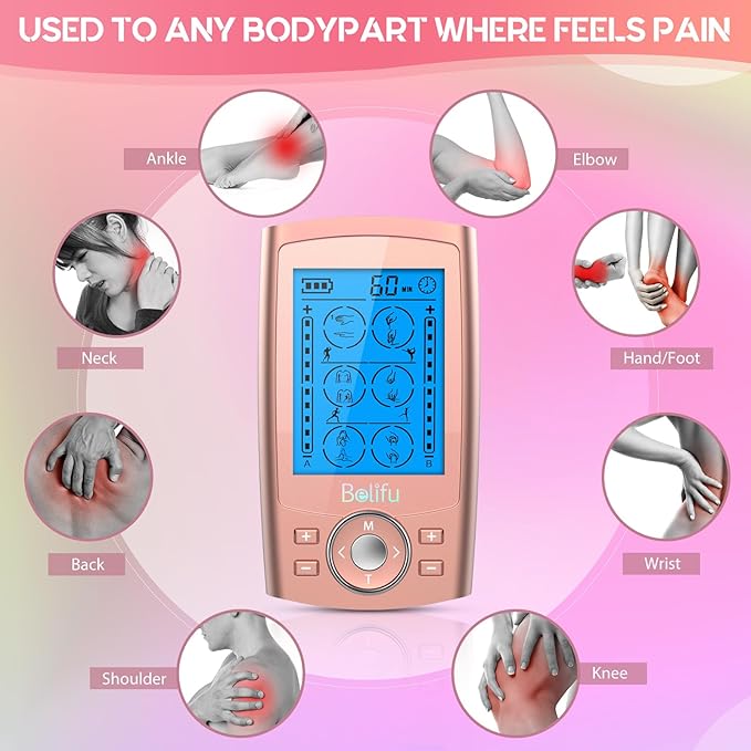 Belifu Dual Channel TENS EMS Unit 24 Modes Muscle Stimulator for Pain Relief Therapy, Electronic Pulse Massager Muscle Massager with 10 Pads, Dust-Proof Drawstring Storage Bag Belifu