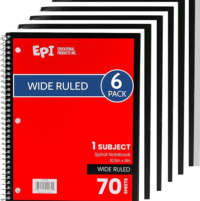 EPI Spiral Notebook | Wide - 70 Sheets, Durable Spiral Binding | 10.5 x 8 in | Classroom Supplies | School, Office, Note Taking, Journaling - 6 Pack - Bloomnest