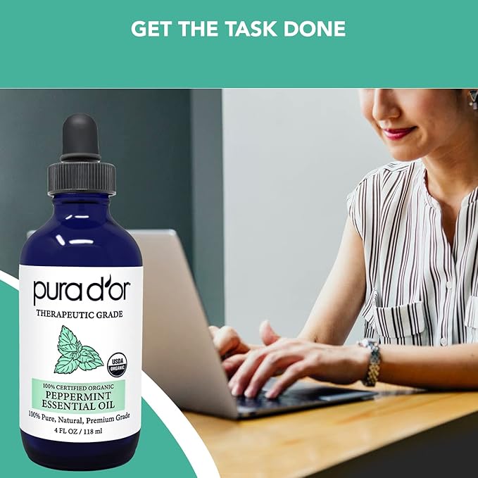 PURA D'OR Organic Peppermint Essential Oil (4oz with Glass Dropper) 100% Pure & Natural Therapeutic Grade - Hair, Body, Skin, Aromatherapy Diffuser, Massage, Refreshens, Energy, Mood, Home, DIY Soap - Bloomnest