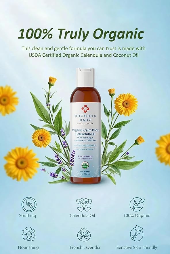 Shoosha Organic Calendula Oil French Lavender, for Babies, Real Calendula Oil, Calendula Massage Oil Moisturizer, Hypoallergenic, Gluten-Free, 100% Biodegradable - Bloomnest