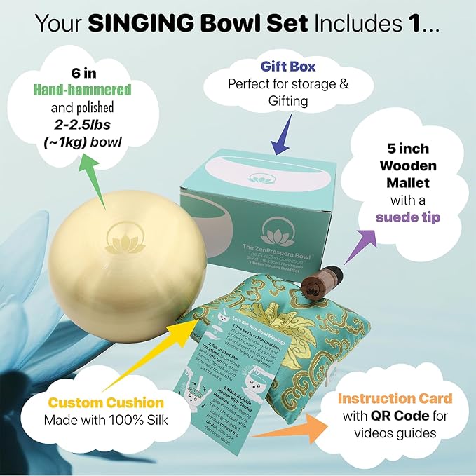 ZENPROSPERA Tibetan Singing Bowl Set – 6-Inch Sound Bowl for Meditation, Relaxation & Stress Relief | The ZenProspera Bowl - Lotus Edition - With Mallet, Gift Box, & Cushion