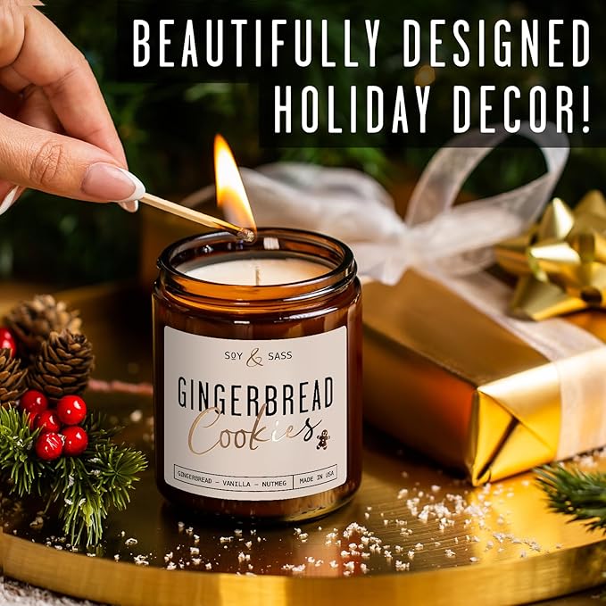 Gingerbread Candle, Christmas Candles Scented – ‘Gingerbread Cookies’ Soy Candle, w/Gingerbread, Cinnamon & Vanilla - Infused with Essential Oils I 9oz, 50Hr, Made in USA - Bloomnest