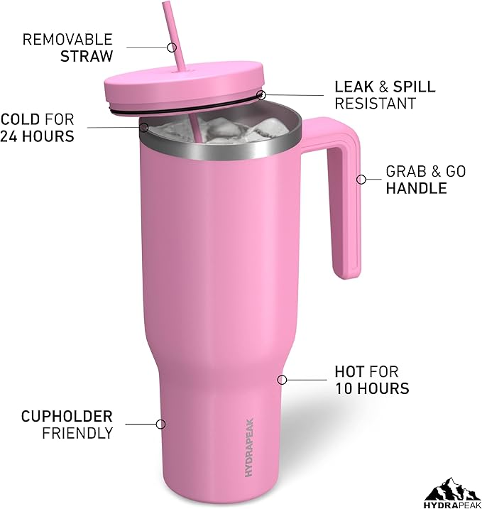 Hydrapeak Voyager 40 oz Tumbler with Handle and Straw Lid | Reusable Stainless Steel Water Bottle Travel Mug Cupholder Friendly | Insulated Cup (Bubblegum) - Bloomnest