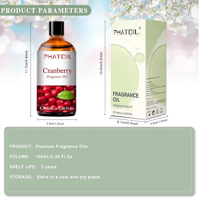 PHATOIL 3.38FL.OZ Cranberry Fragrance Oils for Aromatherapy, Essential Oils for Diffusers for Home, Perfect for Diffuser, Yoga, Skin Care, DIY Candle and Soap Making - 100ml - Bloomnest