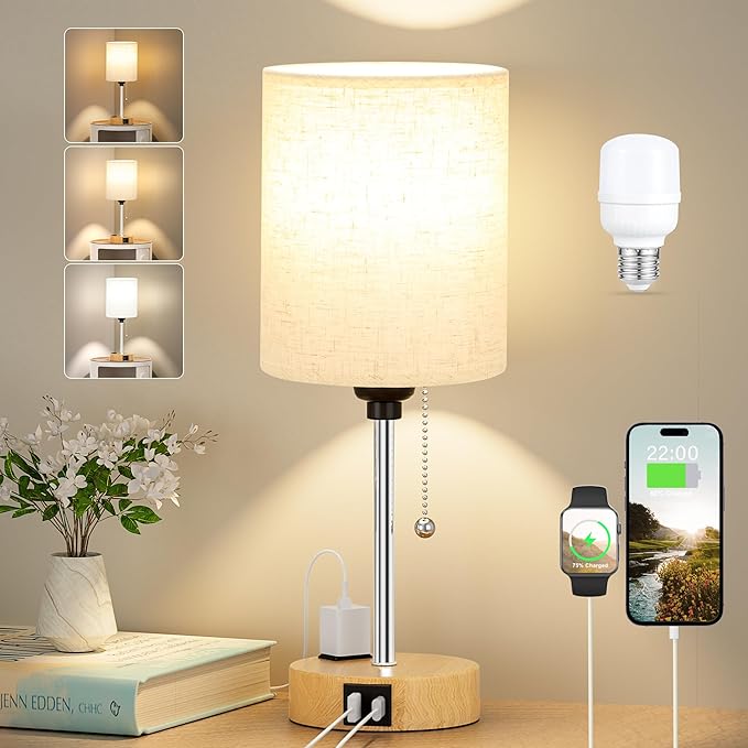 Small Bedside Lamp for Bedroom Nightstand - Table Lamp with USB C and A Port, Pull Chain Bed Lamps with AC Outlet, Wood Base Night Stand Lights for Kids Reading, Desk Lamp for Living Room/Dorm Room - Bloomnest