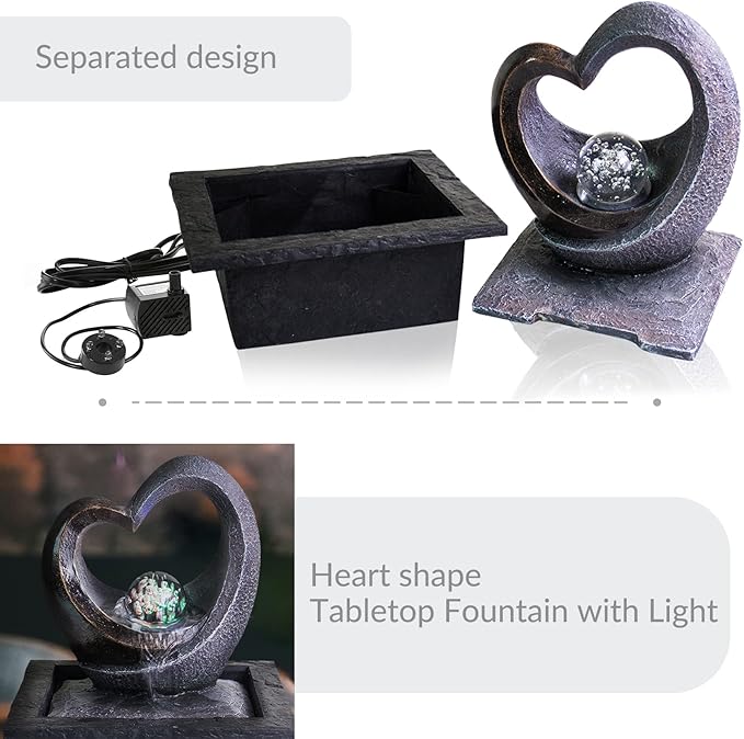 Ferrisland Tabletop Water Fountain, Zen Meditation Indoor Waterfall Fountain, Heart Shape Decoration with LED Light for Home Office Bedroom Relaxation Decor, Gift Ideas - Bloomnest