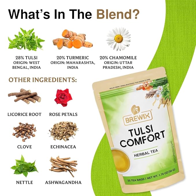 BREWIX, Tulsi Holy Basil Tea Bags (25 Pyramid Bags) | Tulsi Leaves | Holy Basil & Chamomile | Caffeine Free | Herbal Tea Bags | Calming, Fresh and Cool Flavor - Bloomnest