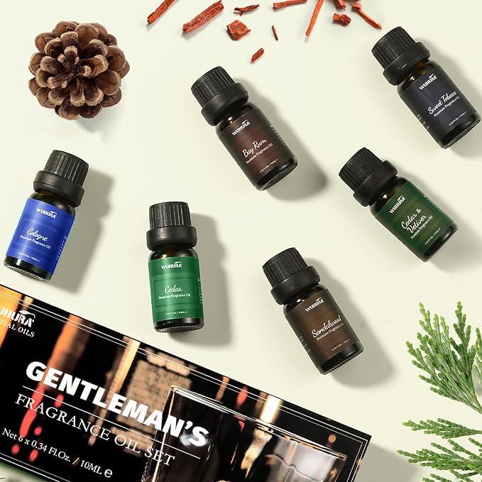 Essential Oils Set, Men Scents Fragrance Oil Essential Oils for Diffuser, Massage, Soap & Candle Making Scents - Sandalwood, Cedar, Cologne, Sweet Tobacco, Rum, Cedar & Vetiver Oils, 6x10ml - Bloomnest