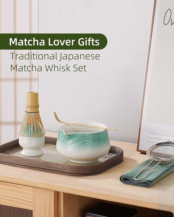 ZENS Matcha Whisk Set, 6Pcs Matcha Set Includes Ceramic Bowl, Bamboo Whisk and Chasen Holder,Scoop, 304 Stainless Sifter & Tea Mat, Matcha Kit for Tea Ceremony, Blue - Bloomnest