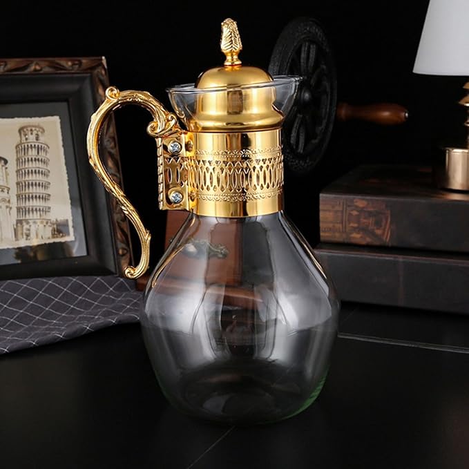 Fockety Vintage Turkish Coffee Pot Set, Decorative Glass Teapot, Heatable Glass Tea Kettle with Lid and Cup, Multi-Purpose Beverage Kettle, Unique Design, Gold - Bloomnest