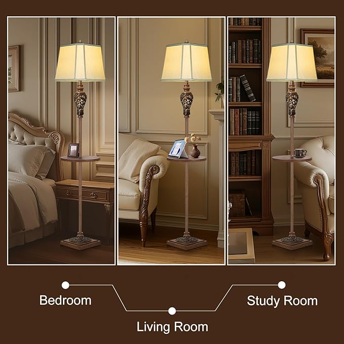 65" High Vintage Floor Lamp with Night Light and Glass Tray, Farmhouse Standing Lamp with Beige Faux Silk Shade, Retro Rustic Tall Lamp Decor for Living Room, Bedroom, Bedside, Corner (Bulb Included) - Bloomnest