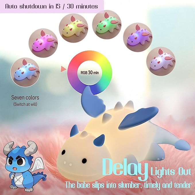 Dragon Night Light, Cute Baby Dragon Gifts, Soft Silicone Lamp with 3 Level Warm Light and RGB Changing, Breastfeeding Nursery Portable Kawaii Bedside Lamp for Baby, Toddler, Boys and Girls - Bloomnest